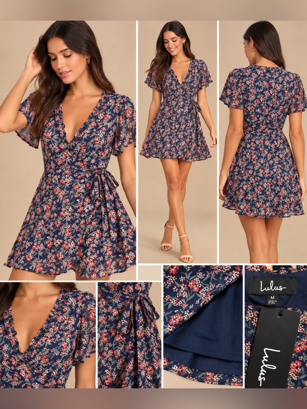 Lulus Audacious Audrey Navy Blue Floral Print Wrap Dress M NWT